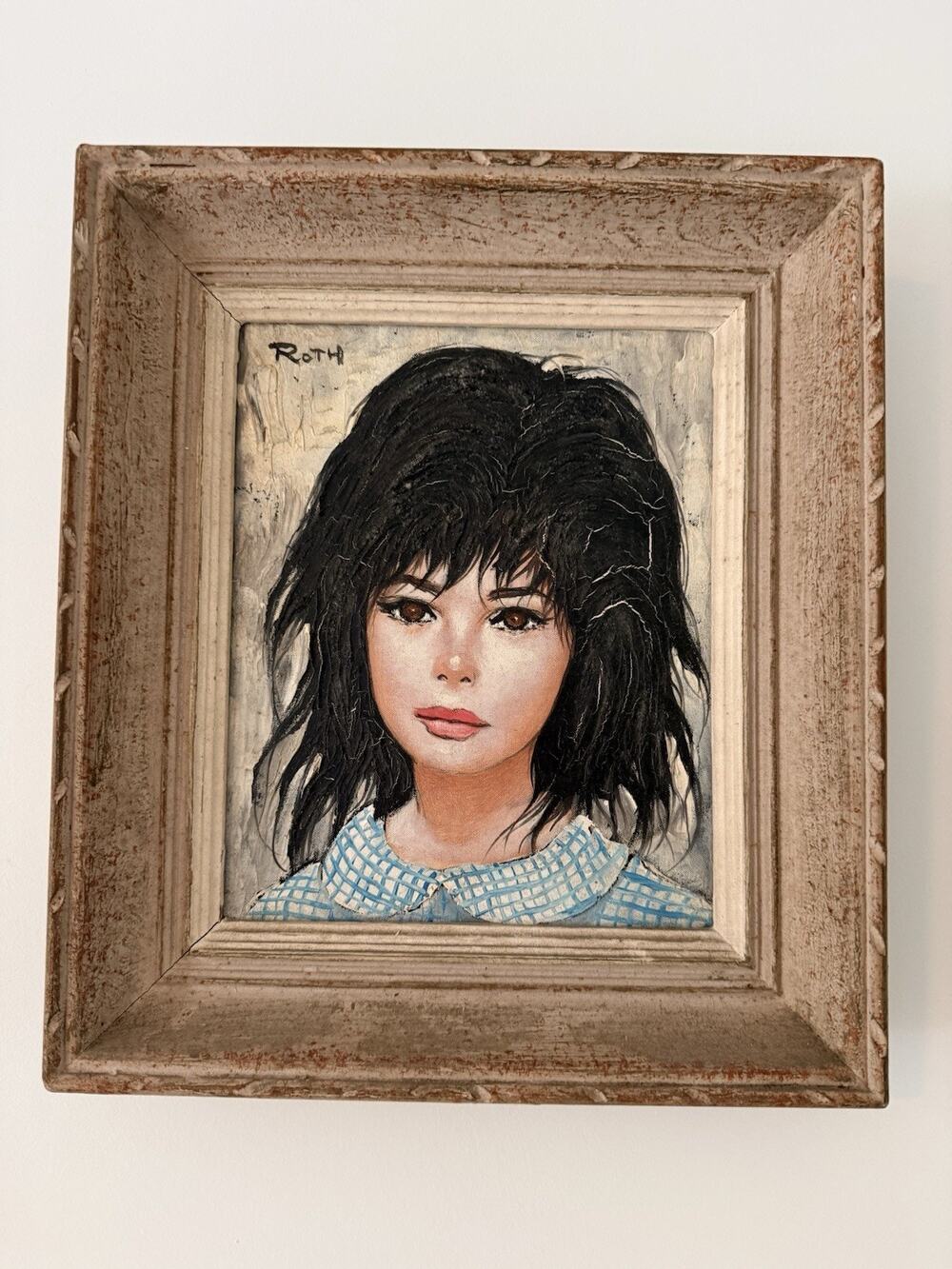 Vintage Etienne Roth Signed Big Eye Girl Oil Painting MCM 1960s Framed